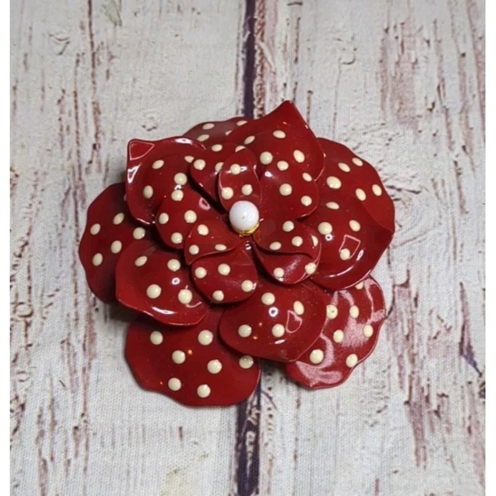 Joan Rivers Brooch Classic Red Enamel Polka Dot Flower Signed Vtg Style